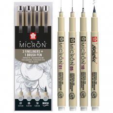 Cienkopisy Sakura Pigma Micron 4 Light Cool Gray Set 0.1 + 0.5 + 1.0 + Brush POXSDK4L